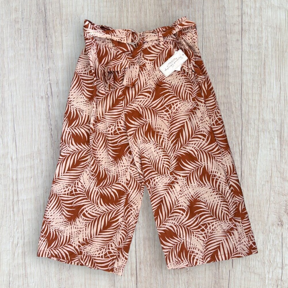 NWT FRENCH LAUNDRY Palm Leaf Pattern Wide Leg Palazzo Elastic Cropped Pants L XL
